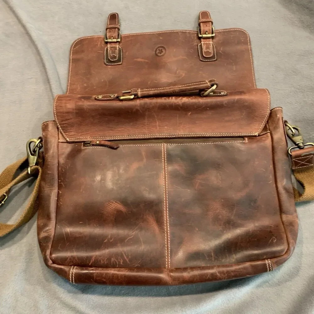 Aaron Leather Goods Genuine Leather Crossbody Bag Office Messenger Laptop
